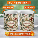 Personalized Custom Name Christmas Ornament Star Pine Branch Festive Seamless Pattern Lovely 11oz Ceramic Coffee Tea Mug White Large Handle