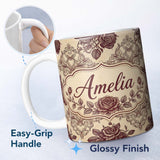 Personalized Custom Name Classic Baroque Rose Damask Ornate Seamless Pattern Design Lovely 11oz Ceramic Coffee Tea Mug White Large Handle