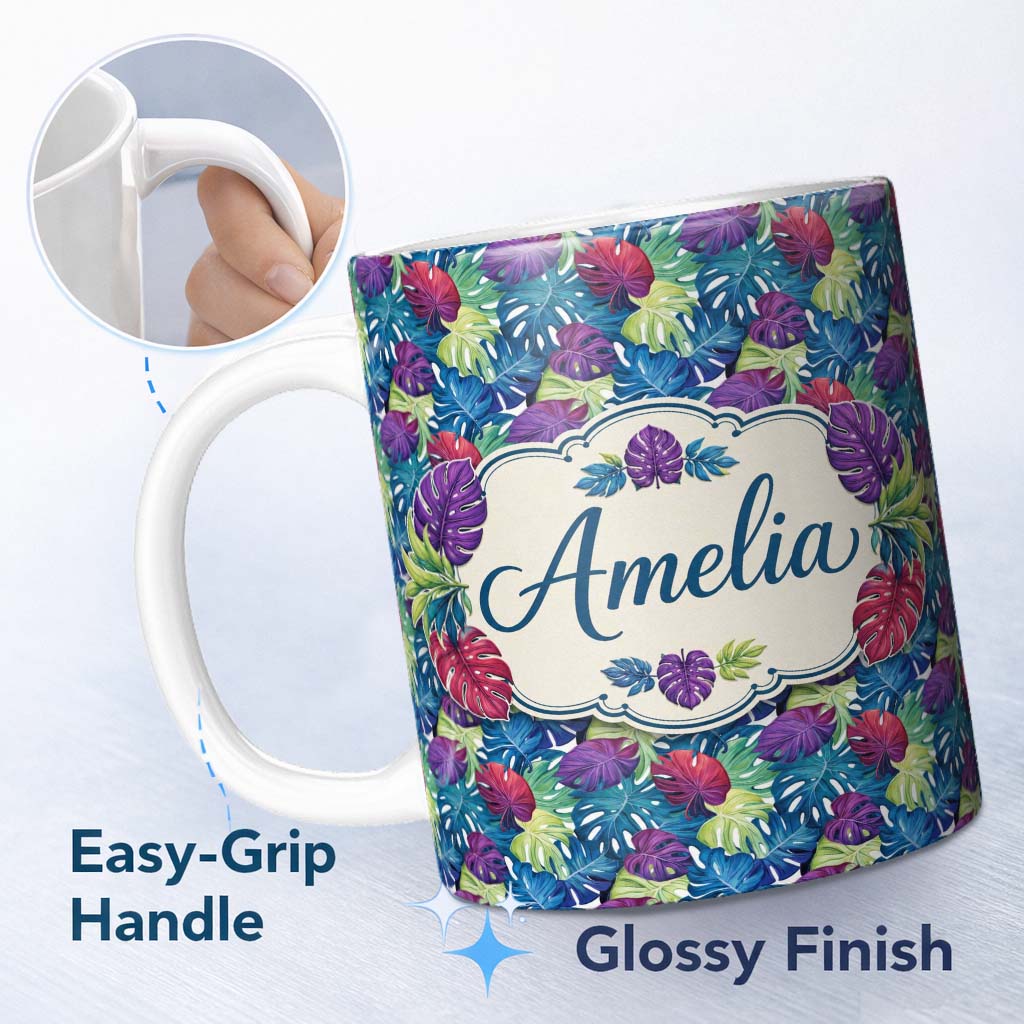 Personalized Custom Name Vibrant Tropical Monstera Leaves in Bold Multicolor Seamless Pattern 11oz Ceramic Coffee Tea Mug White Large Handle