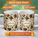 Personalized Custom Name Vintage Christmas Ornaments Candy Canes Holly Berries and Festive 11oz Ceramic Coffee Tea Mug White Large Handle