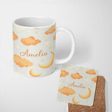 Personalized Custom Name Orange Clouds Moon Stars Seamless Pattern Cute Unique Gift Lovely 11oz Ceramic Coffee Tea Mug White Large Handle