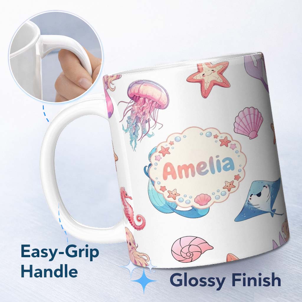 Personalized Custom Name Mermaid Ocean Friends Jellyfish Starfish Grey Background Lovely 11oz Ceramic Coffee Tea Mug White Large Handle