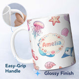 Personalized Custom Name Mermaid Ocean Friends Jellyfish Starfish Grey Background Lovely 11oz Ceramic Coffee Tea Mug White Large Handle
