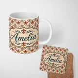 Personalized Custom Name Classic Red Fleur de Lis with Decorative Floral Motif on Neutral 11oz Ceramic Coffee Tea Mug White Large Handle