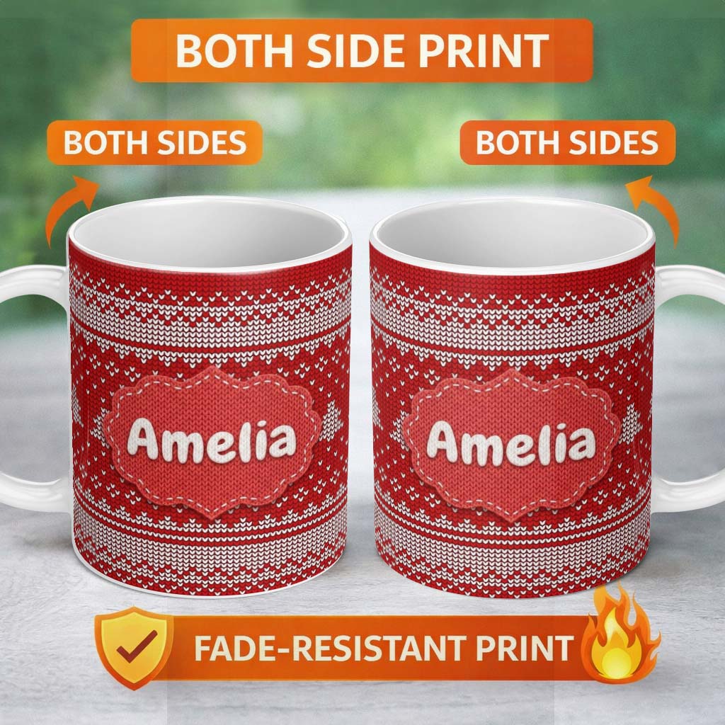 Personalized Custom Name Classic Red White Minimal Knit Texture Seamless Pattern Lovely 11oz Ceramic Coffee Tea Mug White Large Handle