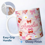 Personalized Custom Name Cute Cherry Bow Daisy Heart Seamless Pattern on Pastel Lilac Gingham 11oz Ceramic Coffee Tea Mug White Large Handle