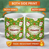 Personalized Custom Name Cute Santa Claus Gingerbread Gift Snowflake Festive Seamless Pattern 11oz Ceramic Coffee Tea Mug White Large Handle