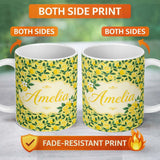 Personalized Custom Name Modern Flat Style Lemon Slices and Leaves on Yellow Background 11oz Ceramic Coffee Tea Mug White Large Handle