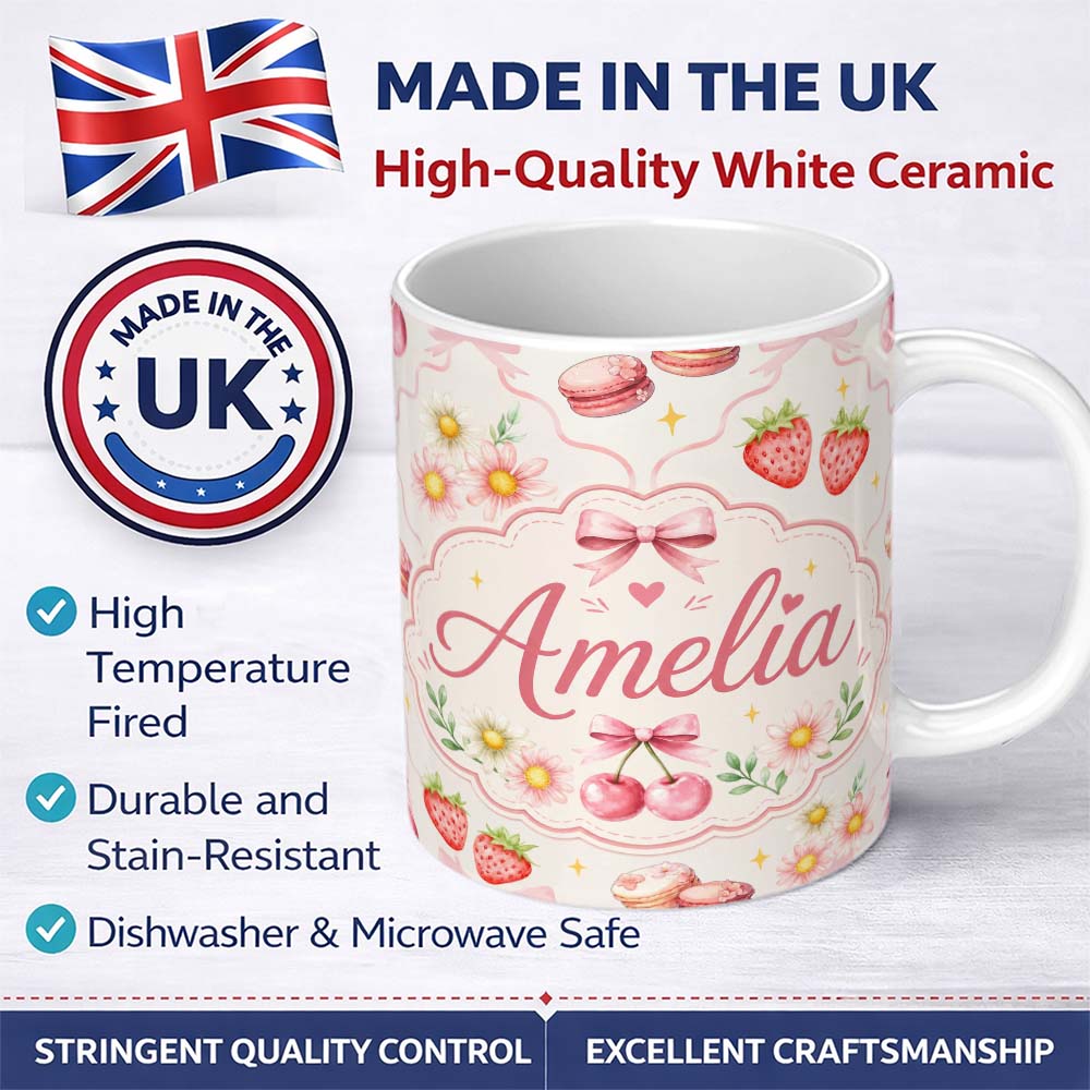Personalized Custom Name Cute Watercolor Cherry Strawberry Daisy Flowers Pink Bow Light Grey 11oz Ceramic Coffee Tea Mug White Large Handle