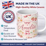 Personalized Custom Name Cute Watercolor Cherry Strawberry Daisy Flowers Pink Bow Light Grey 11oz Ceramic Coffee Tea Mug White Large Handle