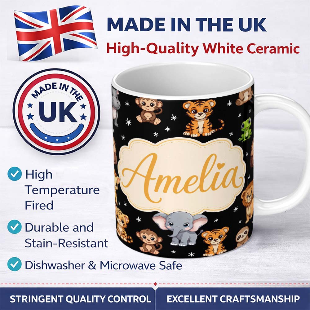 Personalized Custom Name Cute Jungle Baby Animals Lion Tiger Elephant Giraffe Pattern Black 11oz Ceramic Coffee Tea Mug White Large Handle