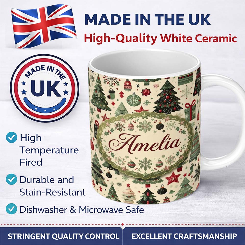 Personalized Custom Name Elegant Christmas Tree Star Snowflake Gift Festive Seamless Pattern 11oz Ceramic Coffee Tea Mug White Large Handle