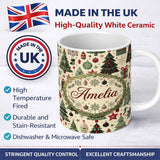 Personalized Custom Name Elegant Christmas Tree Star Snowflake Gift Festive Seamless Pattern 11oz Ceramic Coffee Tea Mug White Large Handle