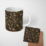 Personalized Custom Name Brown Green Camouflage Pixel Abstract Seamless Pattern Lovely 11oz Ceramic Coffee Tea Mug White Large Handle