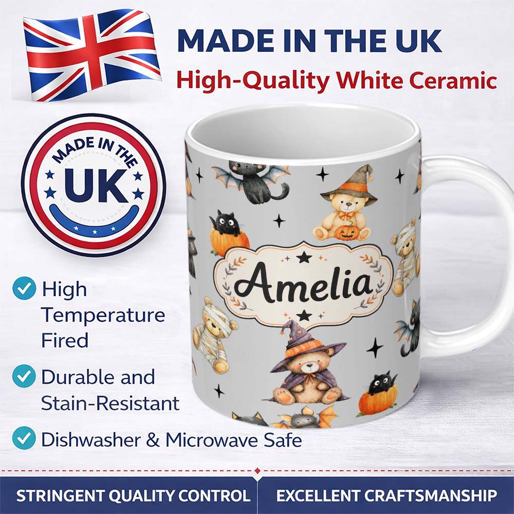 Personalized Custom Name Cute Halloween Teddy Bears Mummy Witch Cat Pumpkin Stars Grey 11oz Ceramic Coffee Tea Mug White Large Handle