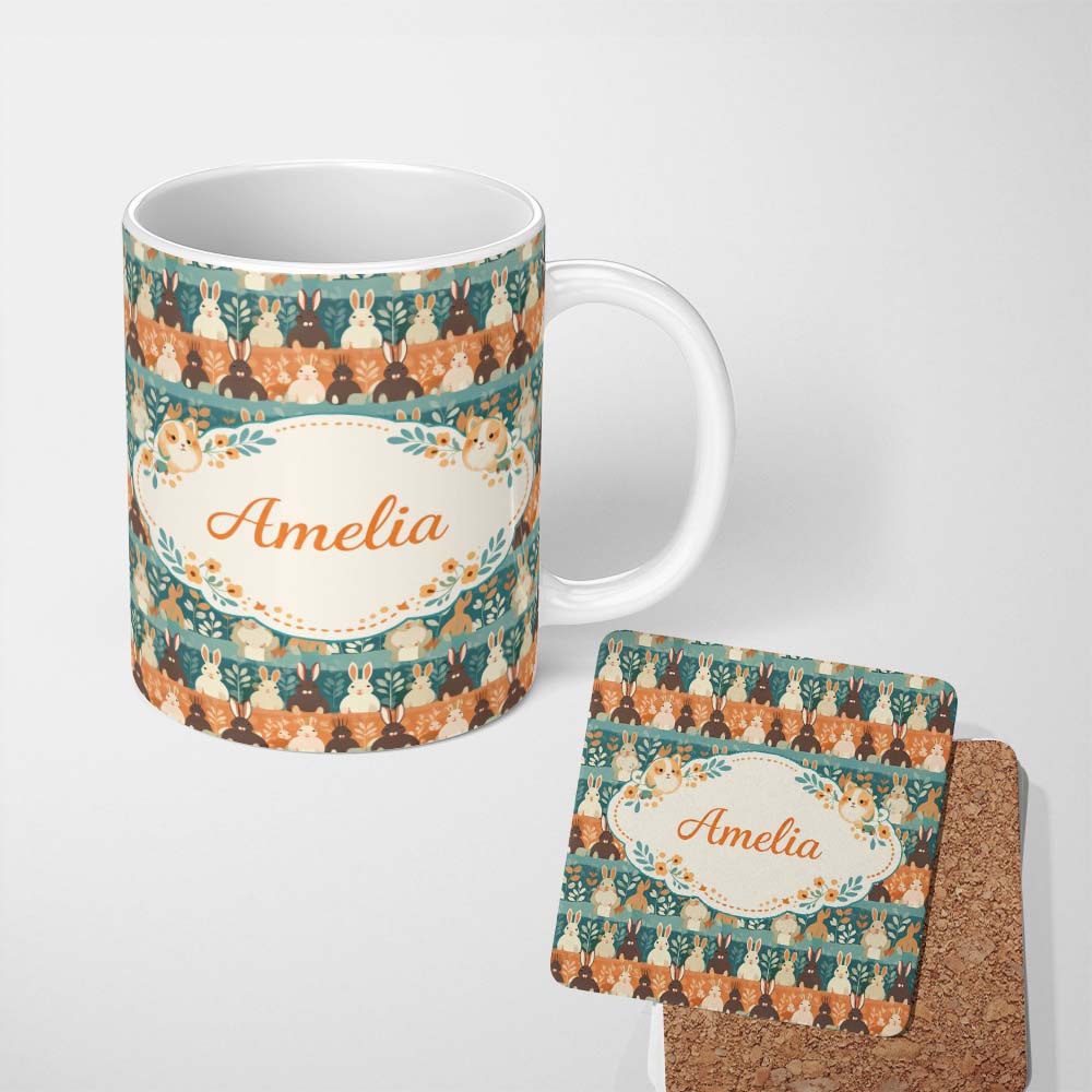 Personalized Custom Name Vintage Style Bunny Rose Garden Seamless Pattern Cute Unique Gift 11oz Ceramic Coffee Tea Mug White Large Handle