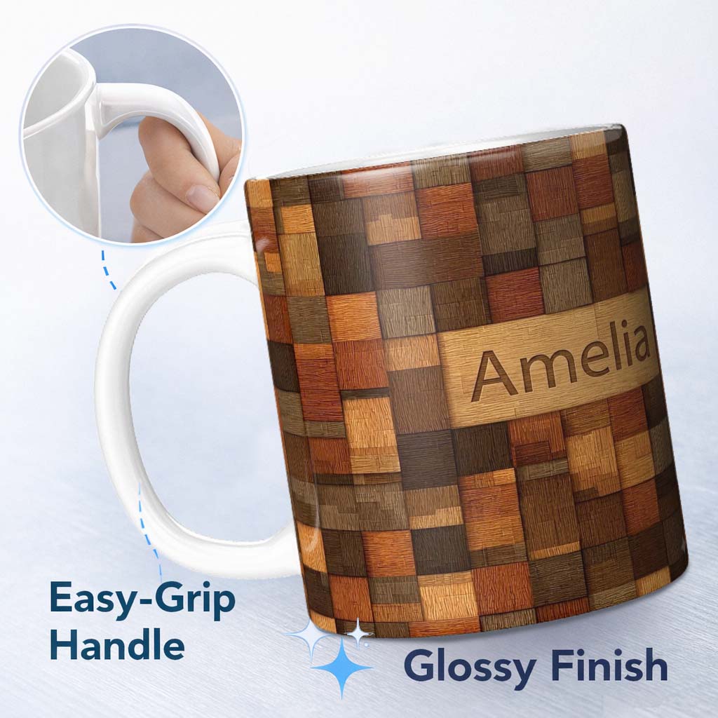 Personalized Custom Name Wooden Parquet Square Texture Seamless Pattern Thoughtful Gift Idea 11oz Ceramic Coffee Tea Mug White Large Handle
