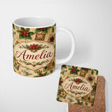 Personalized Custom Name Classic Christmas Botanical Elements with Holly Berries and Flowers 11oz Ceramic Coffee Tea Mug White Large Handle
