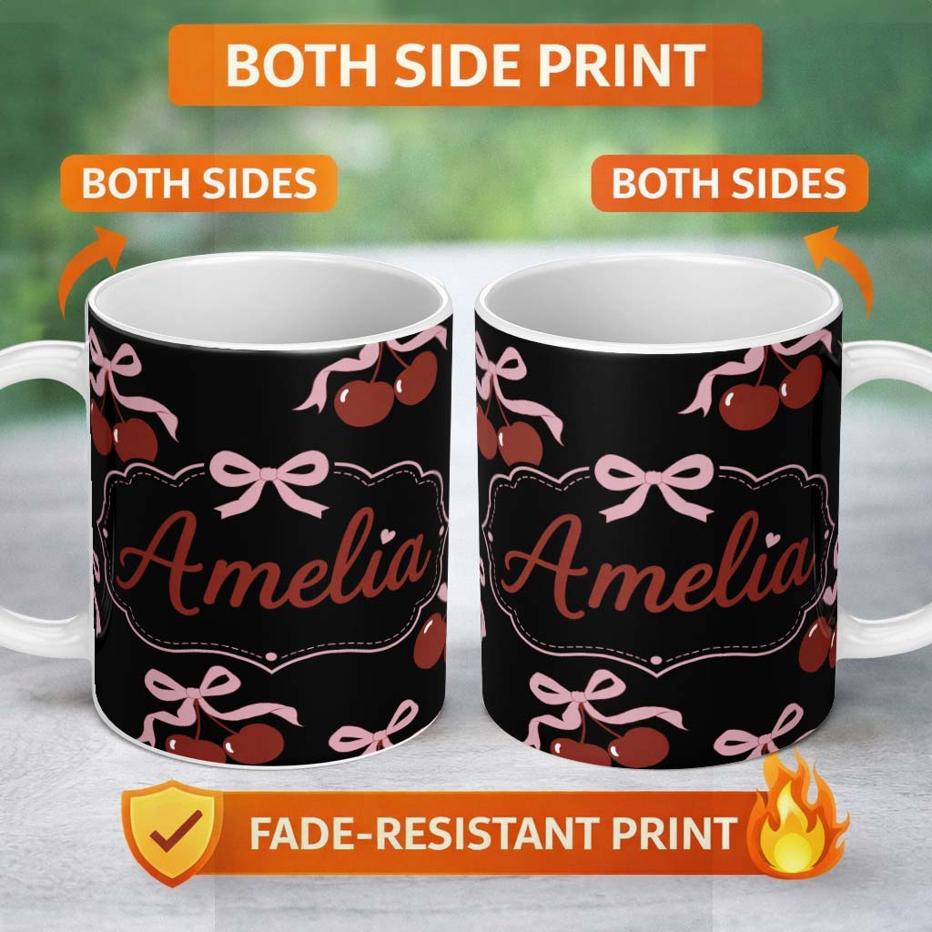 Personalized Custom Name Cherry Bow Ribbon Cute Minimal Black Background Seamless Pattern 11oz Ceramic Coffee Tea Mug White Large Handle