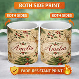 Personalized Custom Name Winter Deer Forest Holly Berries Nature Seamless Pattern Lovely 11oz Ceramic Coffee Tea Mug White Large Handle
