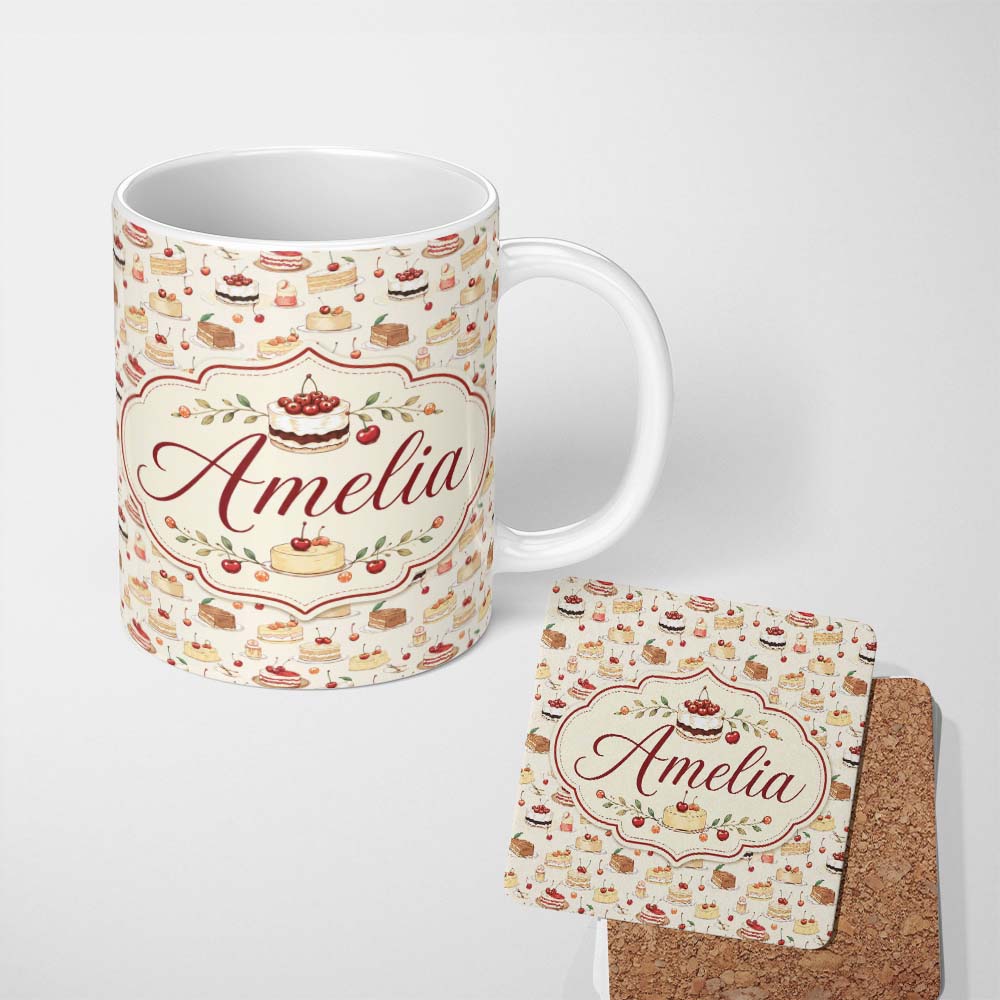 Personalized Custom Name Vintage Cake and Cherry Dessert Seamless Pattern Cute Unique Gift 11oz Ceramic Coffee Tea Mug White Large Handle