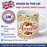 Personalized Custom Name Fresh Strawberries and Green Leaves on Light Background Seamless 11oz Ceramic Coffee Tea Mug White Large Handle
