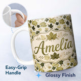 Personalized Custom Name Green and Cream Maple Leaf Pattern with Natural Foliage Style Lovely 11oz Ceramic Coffee Tea Mug White Large Handle