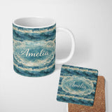 Personalized Custom Name Vintage Ocean Whale Seamless Pattern Textured Marine Animal Design 11oz Ceramic Coffee Tea Mug White Large Handle