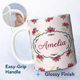 Personalized Custom Name Poinsettia Flower Christmas Bell Holly Seamless Pattern Lovely 11oz Ceramic Coffee Tea Mug White Large Handle