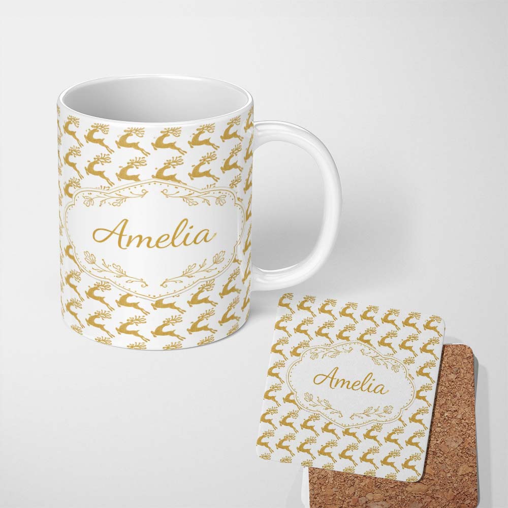 Personalized Custom Name Gold Glitter Reindeer Christmas Seamless Pattern Cute Unique Gift 11oz Ceramic Coffee Tea Mug White Large Handle