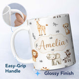 Personalized Custom Name Safari Animals with Elephant Lion and Leopard on Light Grey Lovely 11oz Ceramic Coffee Tea Mug White Large Handle