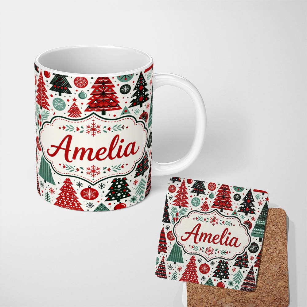 Personalized Custom Name Festive Red Green Christmas Trees with Snowflakes and Baubles Lovely 11oz Ceramic Coffee Tea Mug White Large Handle