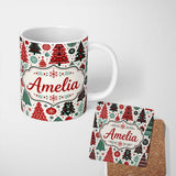 Personalized Custom Name Festive Red Green Christmas Trees with Snowflakes and Baubles Lovely 11oz Ceramic Coffee Tea Mug White Large Handle