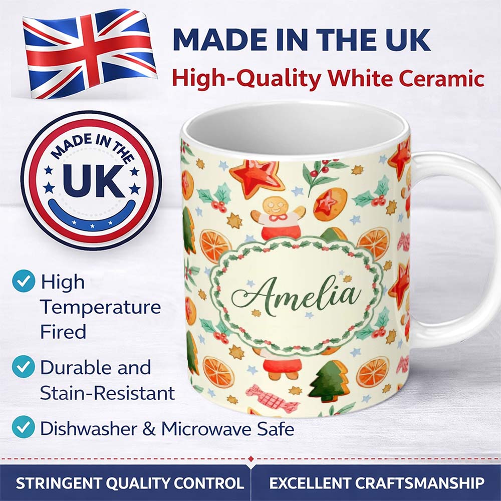 Personalized Custom Name Cute Gingerbread Cookies Candy Orange Slice Christmas Seamless 11oz Ceramic Coffee Tea Mug White Large Handle