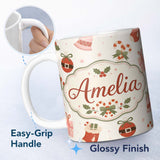 Personalized Custom Name Cute Christmas Stocking Candy Cane Bells Festive Seamless Pattern 11oz Ceramic Coffee Tea Mug White Large Handle