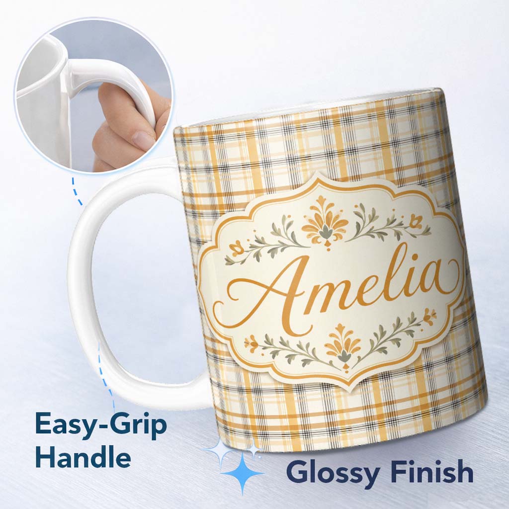 Personalized Custom Name Warm Beige and Mustard Plaid Check Pattern with Fine Black Lines 11oz Ceramic Coffee Tea Mug White Large Handle