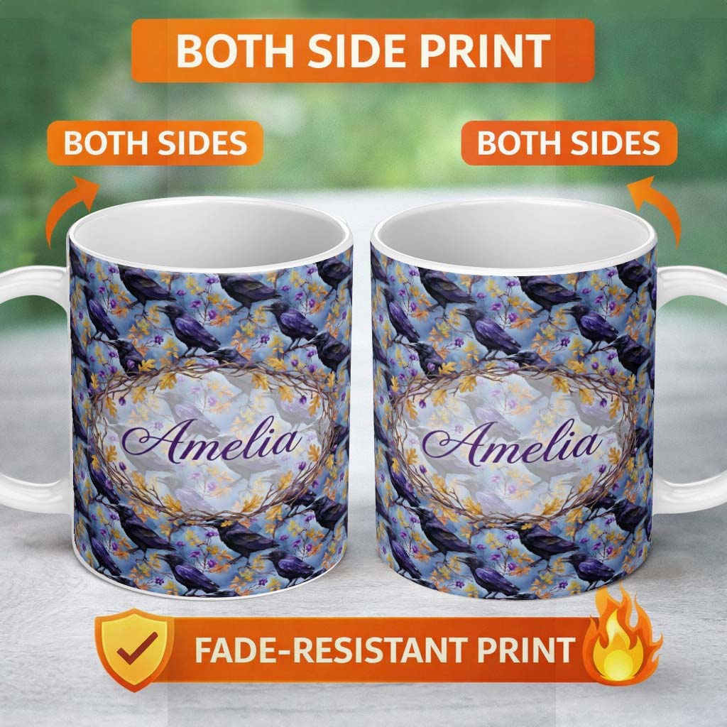 Personalized Custom Name Purple Black Raven Bird with Autumn Leaves Seamless Pattern Lovely 11oz Ceramic Coffee Tea Mug White Large Handle