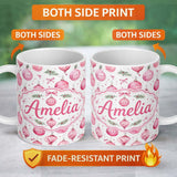 Personalized Custom Name Watercolor Pink Christmas Bauble Pine Branch Seamless Pattern Lovely 11oz Ceramic Coffee Tea Mug White Large Handle