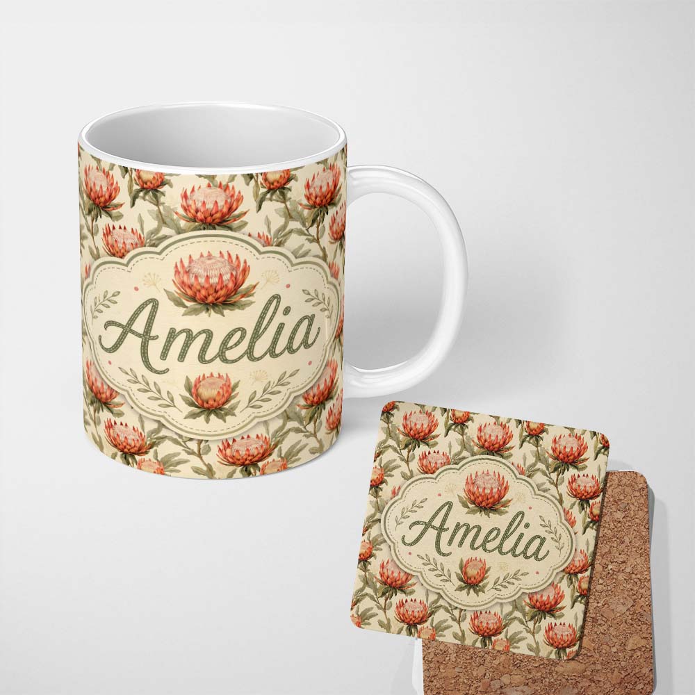 Personalized Custom Name Warm Orange Protea Flower Vintage Botanical Seamless Pattern Lovely 11oz Ceramic Coffee Tea Mug White Large Handle