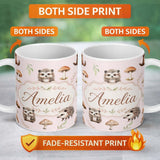 Personalized Custom Name Cute Hedgehog and Mushroom Seamless Pattern Woodland Nursery Design 11oz Ceramic Coffee Tea Mug White Large Handle