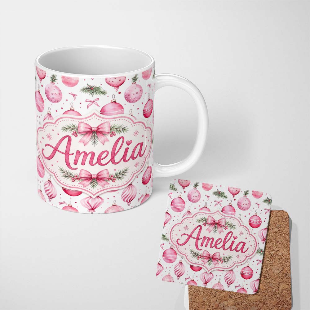 Personalized Custom Name Watercolor Pink Christmas Baubles Ribbon Pine Seamless Pattern 11oz Ceramic Coffee Tea Mug White Large Handle