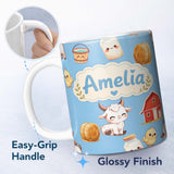 Personalized Custom Name Cute Farm Goat Barn Hay Bale Chick Sky Blue Background Seamless 11oz Ceramic Coffee Tea Mug White Large Handle