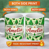 Personalized Custom Name Cartoon Style Christmas Trees with Ornaments and Stars Cute Seamless 11oz Ceramic Coffee Tea Mug White Large Handle