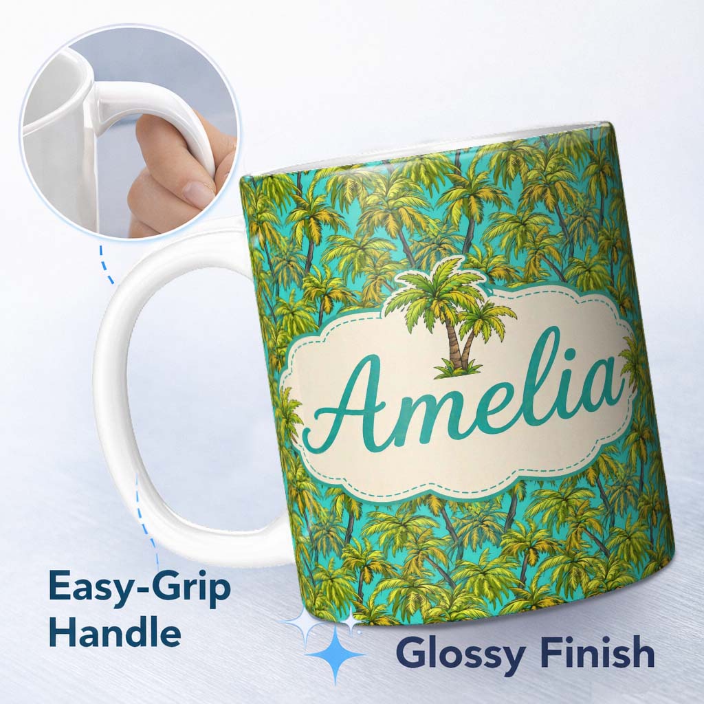 Personalized Custom Name Tropical Palm Tree Summer Beach Seamless Pattern on Blue Background 11oz Ceramic Coffee Tea Mug White Large Handle