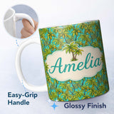 Personalized Custom Name Tropical Palm Tree Summer Beach Seamless Pattern on Blue Background 11oz Ceramic Coffee Tea Mug White Large Handle