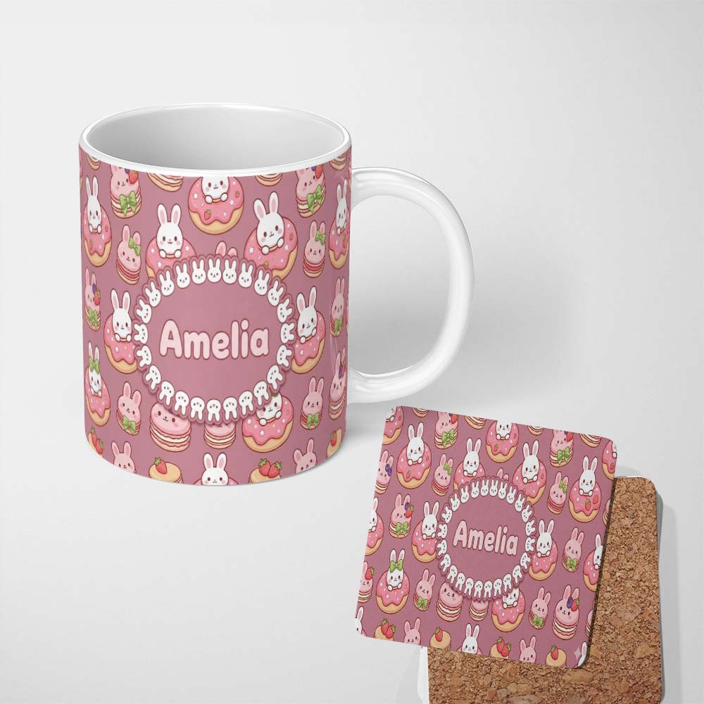Personalized Custom Name Cute Kawaii Bunny Donuts Strawberry Dessert Seamless Pattern Pink 11oz Ceramic Coffee Tea Mug White Large Handle