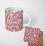 Personalized Custom Name Cute Kawaii Bunny Donuts Strawberry Dessert Seamless Pattern Pink 11oz Ceramic Coffee Tea Mug White Large Handle