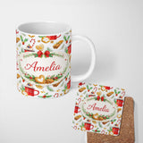Personalized Custom Name Christmas Mug Candy Cane Gingerbread Festive Pattern Seamless Design 11oz Ceramic Coffee Tea Mug White Large Handle