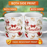 Personalized Custom Name Cute Christmas Santa Reindeer Sleigh Gift Seamless Pattern Lovely 11oz Ceramic Coffee Tea Mug White Large Handle