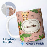 Personalized Custom Name Cute Jungle Animals Lion Tiger Leopard Tropical Leaves Seamless 11oz Ceramic Coffee Tea Mug White Large Handle